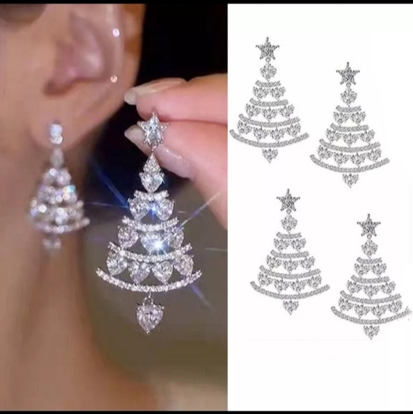 Silver Rhinestone Christmas Tree Heart Star Dangle Drop Earrings - Picture 6 of 8